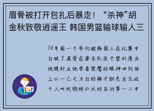 眉骨被打开包扎后暴走! “杀神”胡金秋致敬逍遥王 韩国男篮输球输人三十年不变! 眉骨被打开包扎后暴走! “杀神”胡金秋致敬逍遥王 韩国男篮输球输人三十年不变!